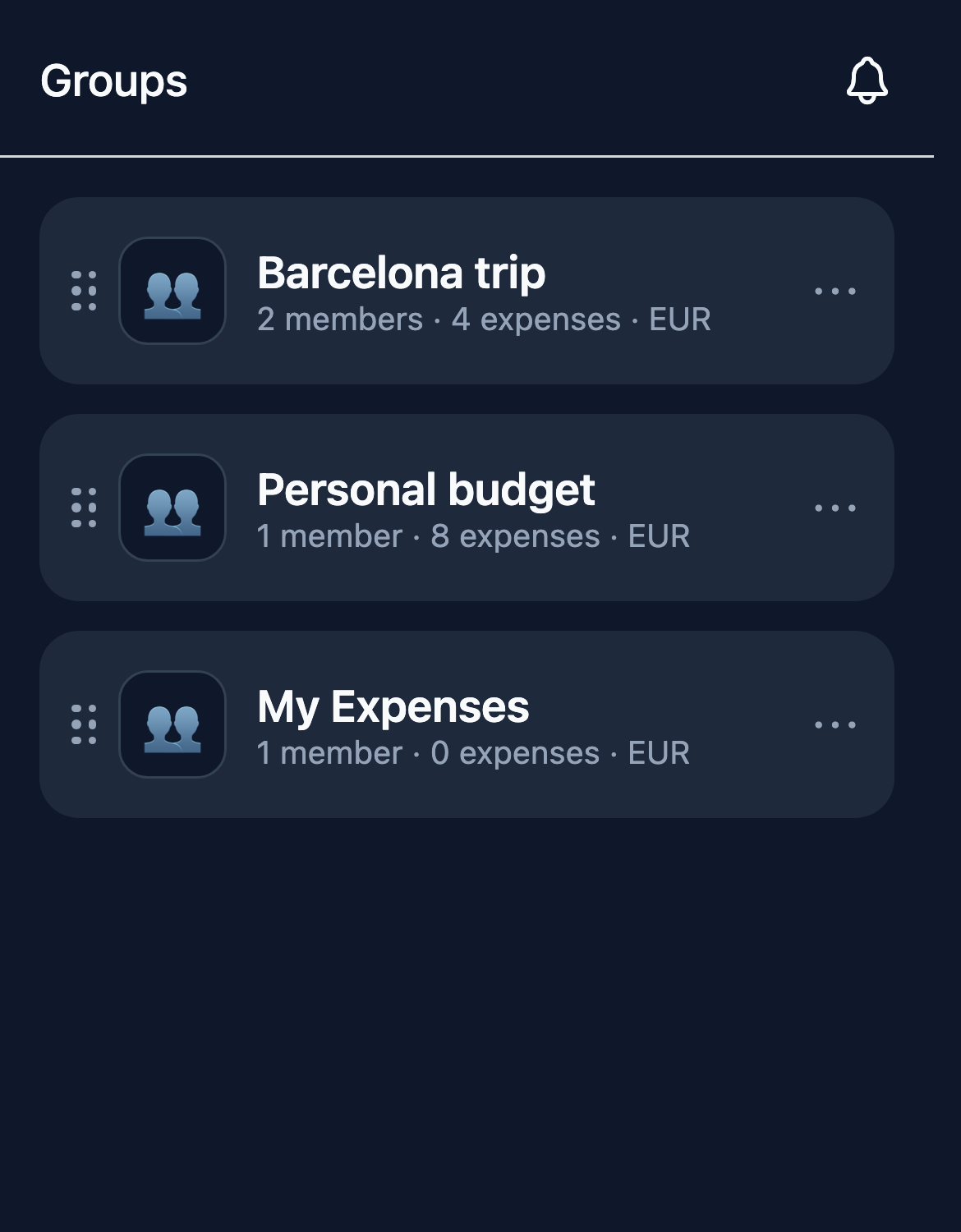Groups list with personal and shared budgets